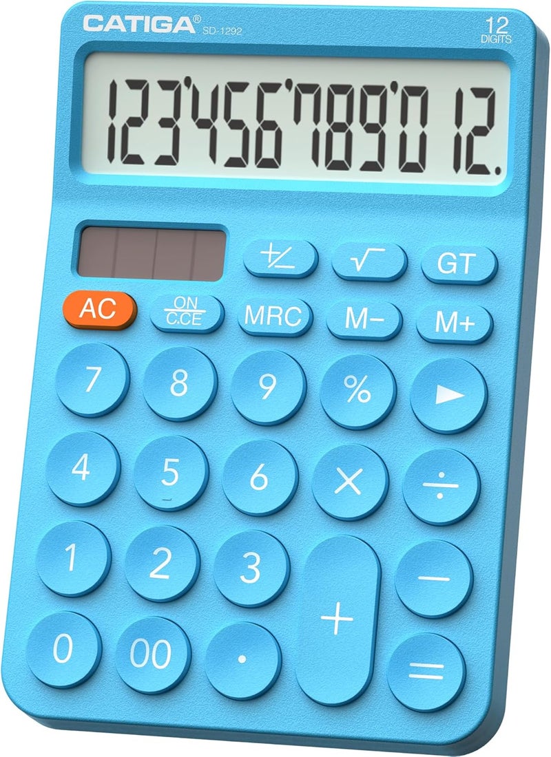 CATIGA 12 Digit Desktop Calculator Basic Desk Calculator with Large LCD Display, Big Buttons, 4 Function, Solar and Battery Dual Power, for Office, School, Home, SD-1292 Blue - Image 1
